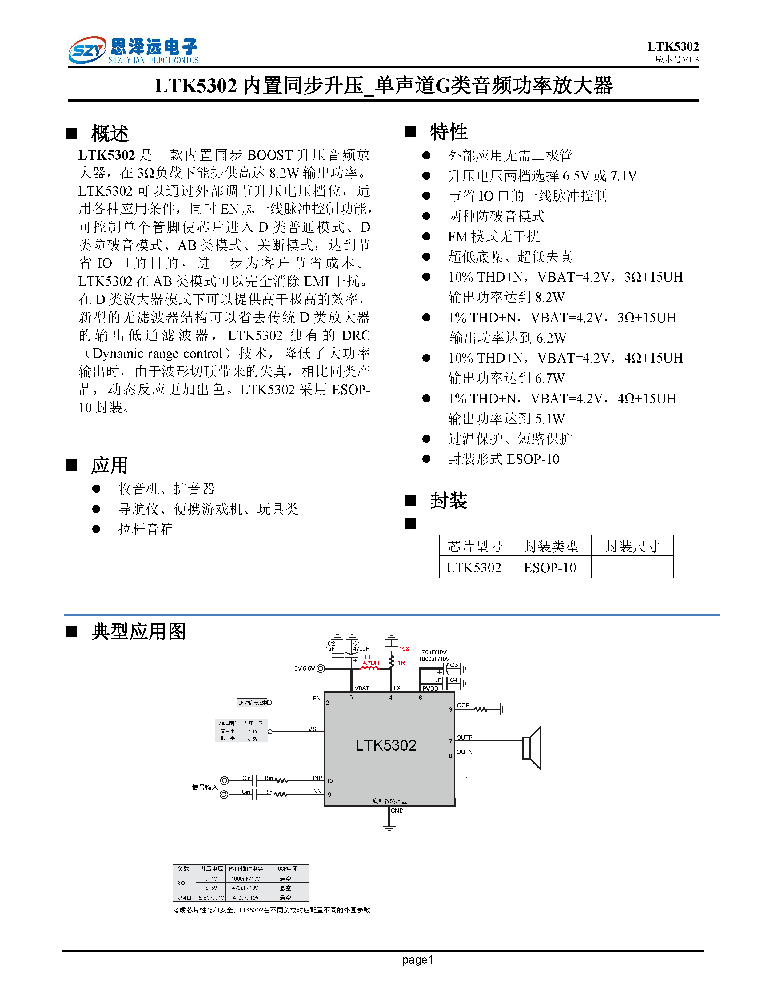 LTK5302单节锂电内置同步升压（无需二极管）脉冲控制防破音_11W单声道G类音频功率放大器ESOP-10 2023-12-06_页面_01.png